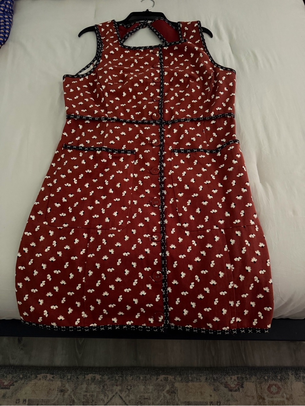 Anthropologie Rust Red Floral Midi Dress with Black Trim